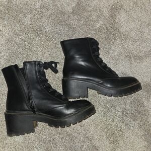 Black Lace-Up Ankle Boots Chunky Heel Lug Sole Combat Style Size 8